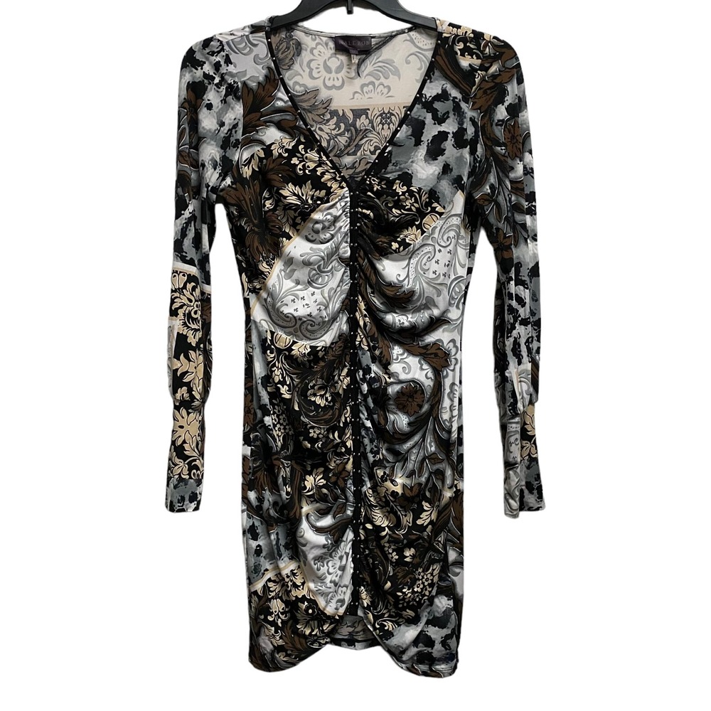 Hale‎ Bob Women Medium Paisley Floral Black Gray Patterned Ruched Sheath Dress *